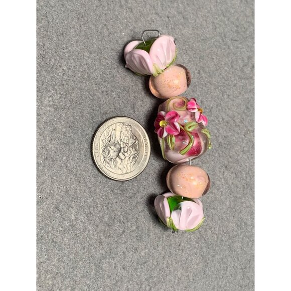Handcrafted Lampwork Floral Glass Beads Set - Pink & Green - Picture 7 of 7